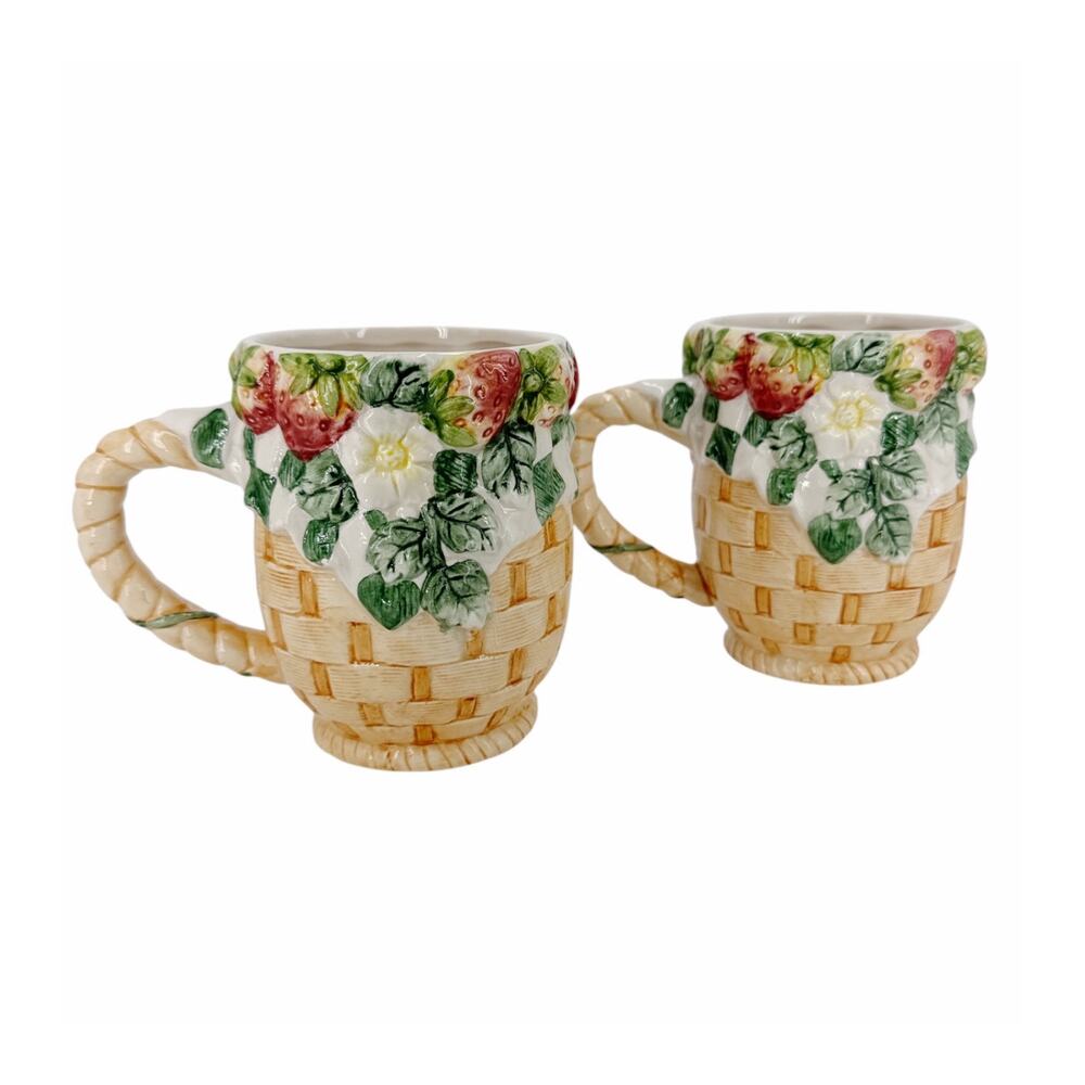 Strawberry Picnic Mugs Hand Painted Majolica Style Set of 2